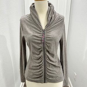 ANTHROPOLOGIE PURE + GOOD RUCHED JACKET WOMENS LARGE GRAY ZIP UP